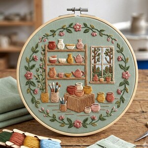May include: A circular embroidery hoop featuring a sage green fabric background with a hand-stitched scene of a pottery studio. The design includes a wooden shelf filled with various ceramic pots, a window showing trees, and a floral vine border.