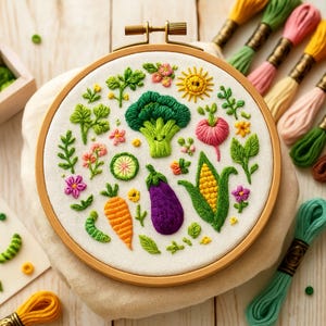 May include: Embroidered hoop art with a colourful vegetable garden design. The design includes a smiling broccoli, carrot, aubergine, corn, and other vegetables and flowers. The embroidery is set in a wooden hoop.