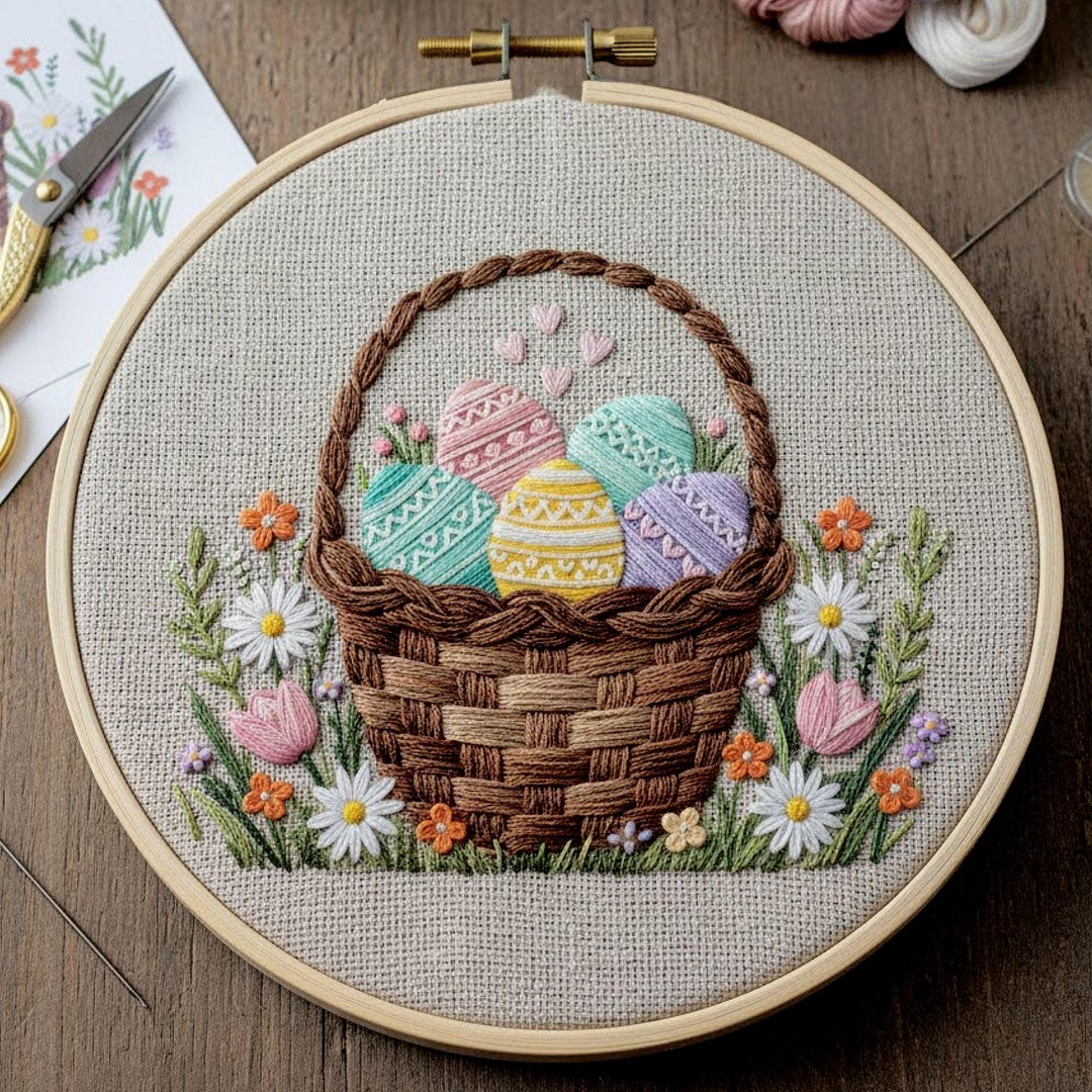 Easter Basket Embroidery Pattern, Spring Floral Hand Embroidery Design ...
