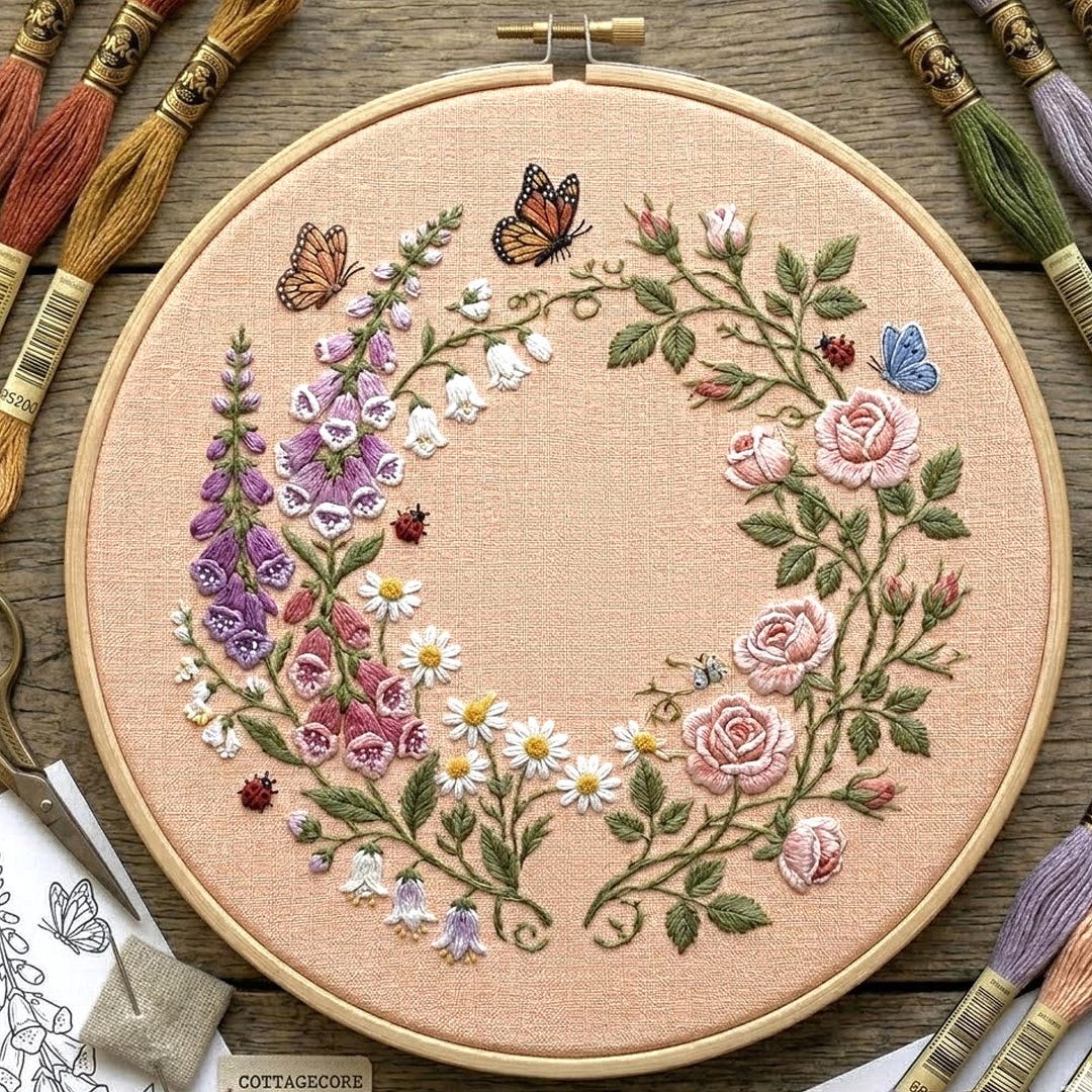 Cottagecore Floral Wreath Embroidery Pattern, Wildflower Hoop Art PDF ...