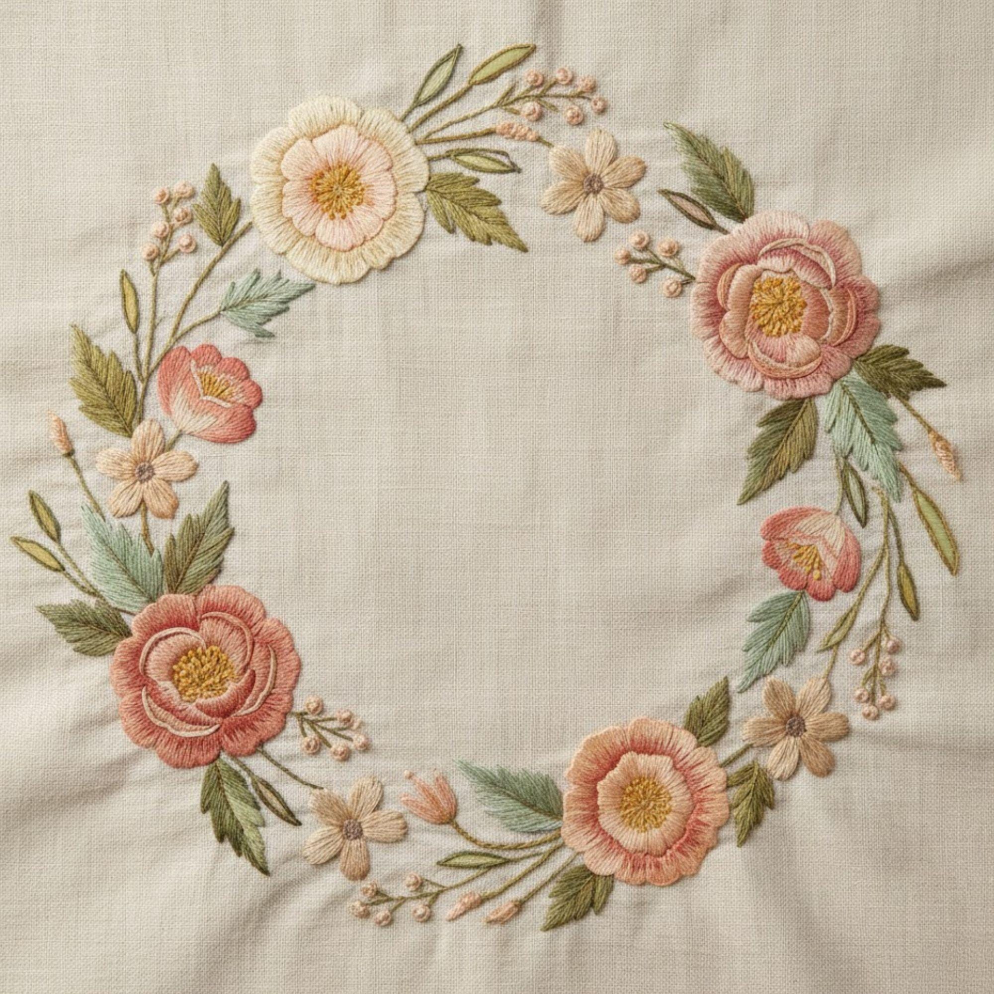 Soft Peach Floral Wreath Hand Embroidery Pattern – Vintage Botanical ...