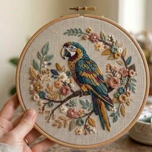 May include: A round embroidery hoop featuring a colorful parrot perched on a branch, surrounded by floral embroidery. The parrot has blue, yellow, and green feathers. The flowers are in shades of pink, peach, and cream.