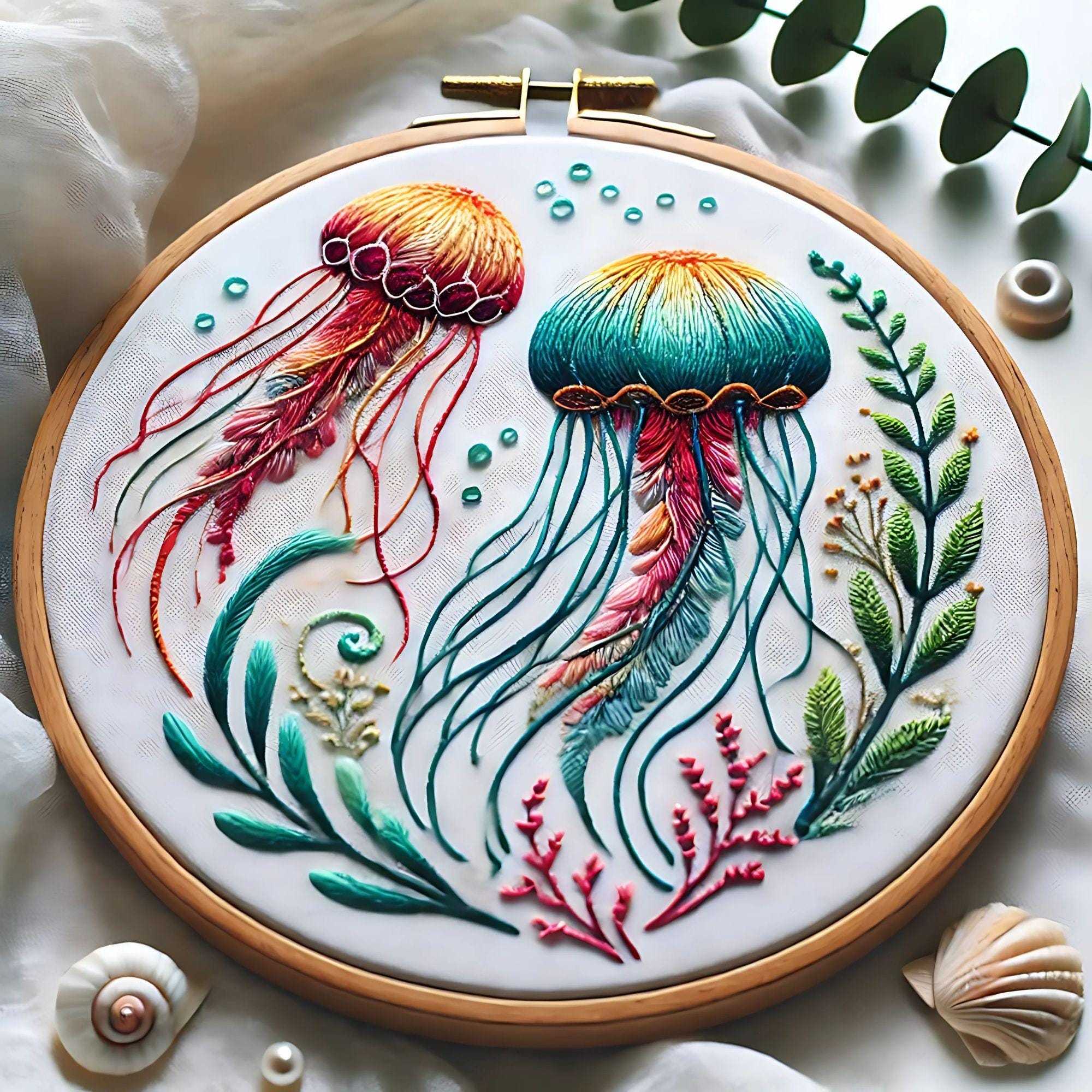 Vibrant Jellyfish Embroidery Hoop Art: Marine Life Pattern (PDF)