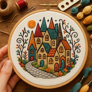 May include: Embroidered artwork of a village scene with colorful houses, a winding road, and a sun. The embroidery is set in a wooden hoop. The color palette includes orange, teal, red, and brown. The artwork is surrounded by embroidery supplies.