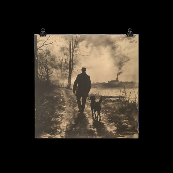 Old man and his dog walking into the distance Lithography Sepia Wall Art Photo paper poster