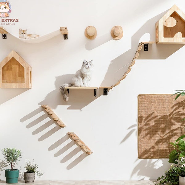 Handcrafted Cat Scratching Climbing Post Wall-Mounted Cat Hammock Kitten Wall Shelf Set Cat Perch Wooden Cat Tree House