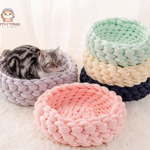 Soft Shaggy Hand-Woven Cat Nest Cozy Indoor Bed for Cats, Dogs - Round Cushioned Basket with Macaron Colors