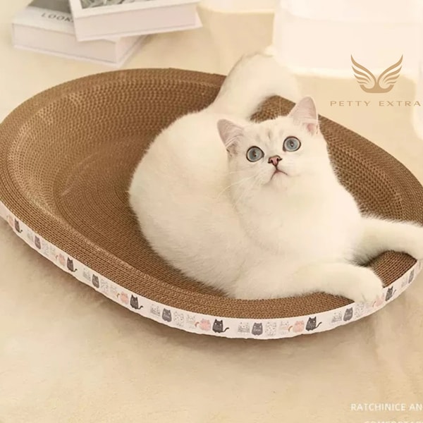 Handcrafted Round Oval Corrugated Cat Scratcher - Wear-Resistant Cat Bed & Toy for Grinding Claws and Nesting