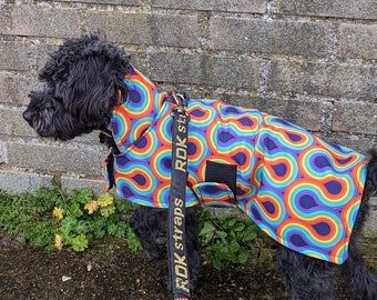 Colourful Rainbow Geometric retro print Dog raincoat shower proof Jacket Handmade Dopamine Dressing