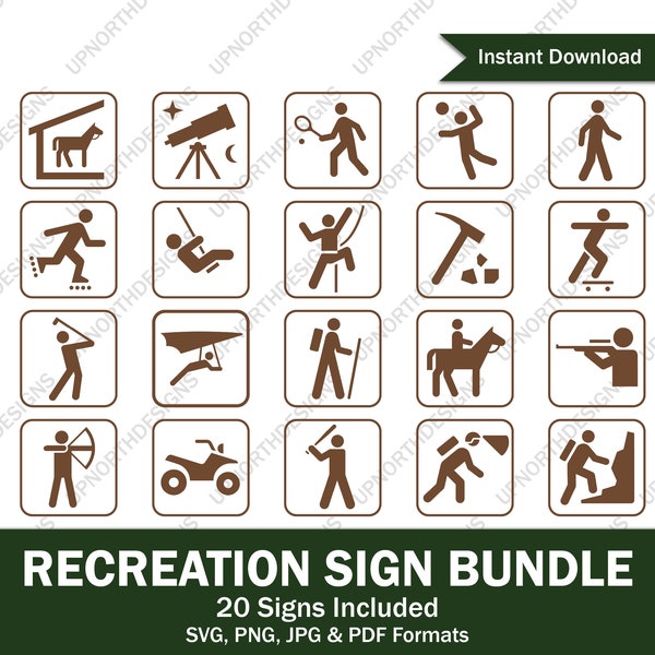 National Park Sign Recreation Symbols Brown SVG bundle, Hiking Climbing, Baseball, Signs, outdoor icons |  svg pdf png jpg