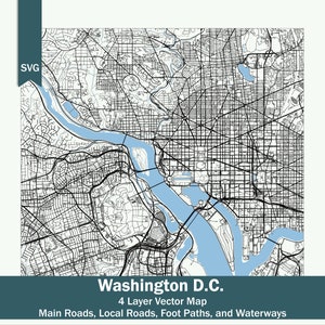 Washington DC Straßen & Wasser SVG Multi-Layer-Karte | Straßen | Kapital | Vektor-Design-Grafikdatei | Detailkarte | Druckbar | Kapital