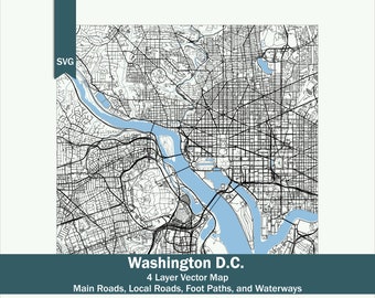 Washington DC Roads & Water SVG Multi-Layer Map | Streets | Capital | Vector Design Graphic File | Detailed Map | Printable | Capital