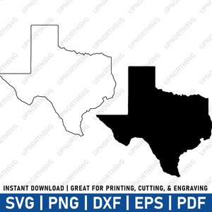 Archivo SVG de contorno y forma de silueta de Texas / Mapa vectorial simple de TX / Archivo de grabado de corte láser Cricut del estado de EE. UU. / pdf, ai, eps, png