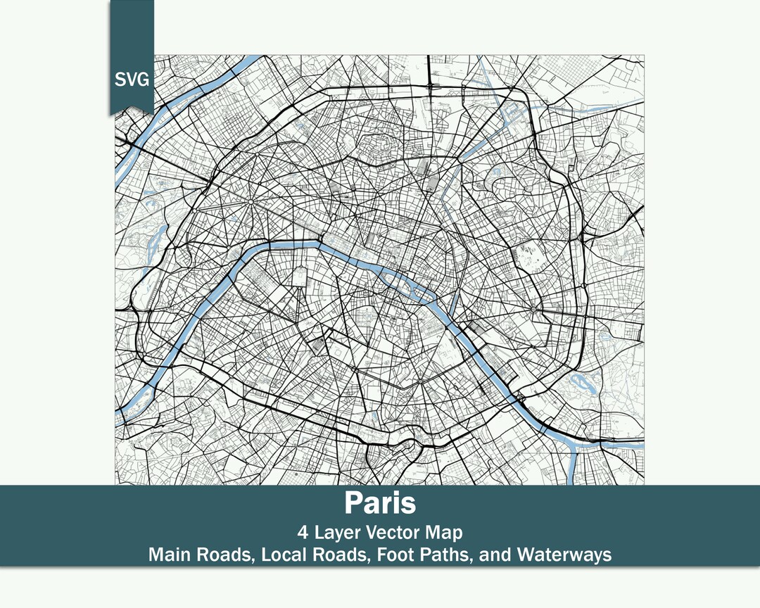 Plan multicouche SVG des routes et de l'eau de Paris Rues Sentiers ...