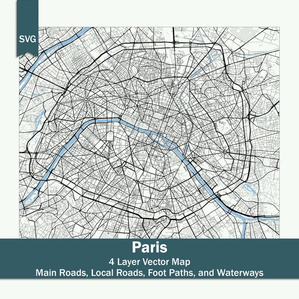 Paris Roads & Water SVG Multi-Layer Map | Streets Footpaths | Vector Design Graphic File | Detailed Map | Printable