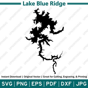 Pode incluir: Silhueta preta e branca do Lago Blue Ridge, um grande lago com muitas enseadas e enseadas. O lago é cercado por terra, e o contorno do lago é mostrado em preto.