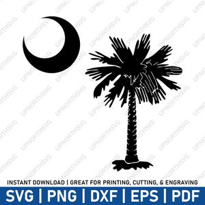 Árvore & lua do Palmetto da bandeira do estado de Carolina do | Palmeira Bandeira SC | Silhueta Cricut | Arte de clipe vetorial | svg, pdf, png, dxf, dps