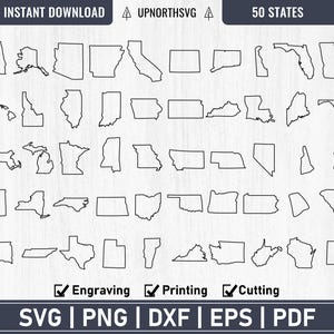 Esquemas de estados simples 50 formas individuales / Mapa de los Estados Unidos de América / Perfecto para cortar, grabar o imprimir / SVG, PDF, AI, EPS, PNG