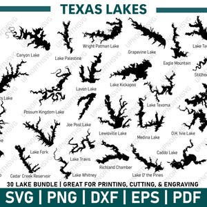 30 Pacchetto mappa Texas Lake Silhouette / File grafico vettoriale SVG / Immagine contorno forma / Taglia, incidi o stampa / pdf, dxf, eps, png
