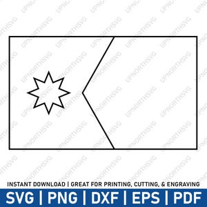 May include: A black and white line drawing of a flag with a star in the upper left corner. The flag is divided diagonally from the upper left corner to the lower right corner.