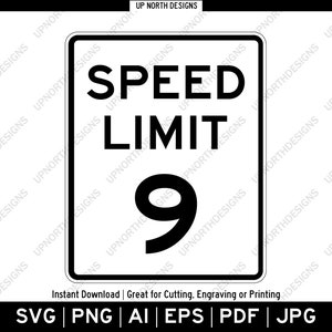 Geschwindigkeitsbegrenzung 9 MPH Schild | Vektorgrafik Logo Bild | Silhouette Straßenschild | Geburtstagsparty Dekor | Wanddekoration | svg, pdf, ai, eps, png
