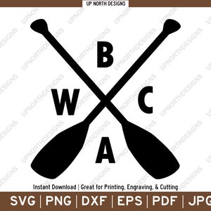 May include: Black and white silhouette of two crossed paddles with the letters "W", "A", "C", and "B" in the center. The letters are arranged in a circle, with "W" at the top, "A" at the bottom, "C" on the right, and "B" on the left. The image is a design for a decal or sticker.