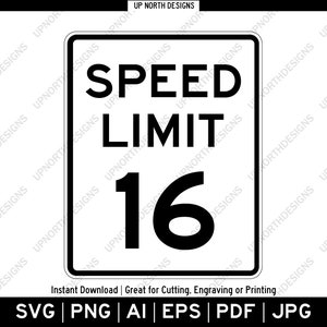 Snelheidslimiet: 16 mph afdrukbaar bord | Vectorafbeelding | Knippen, graveren of afdrukken | Verjaardagsdecoratie | Wanddecoratie | Svg, pdf, ai, eps, png