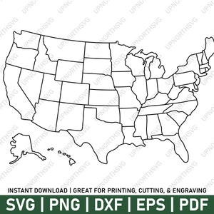 Esboço SVG dos Estados Unidos da América | Arquivo de mapa de silhueta dos EUA | Clipart dos EUA para impressão | Arquivo de corte vetorial a laser Cricut | pdf, ai, eps, png