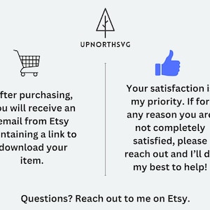 May include: A black and white illustration of a shopping cart, a blue thumbs up icon, and a stylized tree with the text "UPNORTHSVG". The text below the shopping cart reads "After purchasing, you will receive an email from Etsy containing a link to download your item." The text below the thumbs up icon reads "Your satisfaction is my priority. If for any reason you are not completely satisfied, please reach out and I'll do my best to help!" The text below the tree reads "Questions? Reach out to me on Etsy."