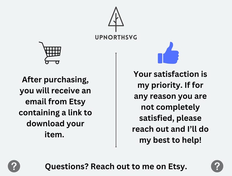 May include: A black and white illustration of a shopping cart, a blue thumbs up icon, and a stylized tree with the text "UPNORTHSVG". The text below the shopping cart reads "After purchasing, you will receive an email from Etsy containing a link to download your item." The text below the thumbs up icon reads "Your satisfaction is my priority. If for any reason you are not completely satisfied, please reach out and I'll do my best to help!" The text below the tree reads "Questions? Reach out to me on Etsy."