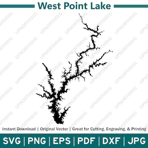 Puede incluir: Silueta en blanco y negro del lago West Point, una gran masa de agua con muchas ensenadas y calas. El lago está delineado en una forma irregular y dentada.