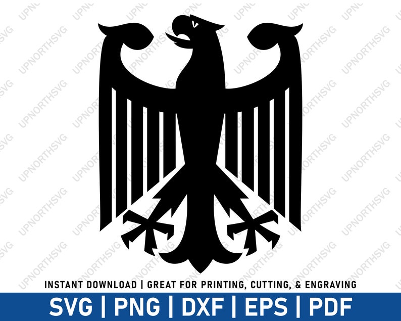 May include: Black and white silhouette of a stylized eagle with its wings spread, a common symbol of Germany.