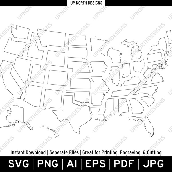 Schlichte Zustandskonturen 50 Individuelle Formen | Vereinigte Staaten von Amerika Landkarte | Perfekt zum Schneiden, Gravieren oder Drucken | svg, pdf, ai, eps, png