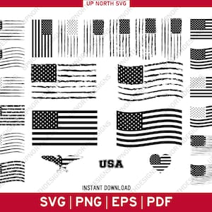Könnte beinhalten: Ein Set mit 15 amerikanischen Flaggen-Designs in Schwarzweiß. Die Flaggen sind in verschiedenen Stilen, darunter wellig, gestreift und mit Sternen. Der Text "USA" und "Sofortiger Download" ist ebenfalls im Bild enthalten.