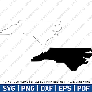 May include: Outline and solid black silhouette of the state of North Carolina.  The image includes the text "INSTANT DOWNLOAD | GREAT FOR PRINTING, CUTTING, & ENGRAVING" and "SVG | PNG | DXF | EPS | PDF".