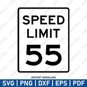 May include: A white square road sign with black text and numbers. The sign reads "SPEED LIMIT 55".