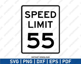 May include: A white square road sign with black text and numbers. The sign reads "SPEED LIMIT 55".