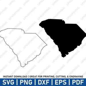 May include: A black and white outline of the state of South Carolina. The outline is shown in both a filled and unfilled version.