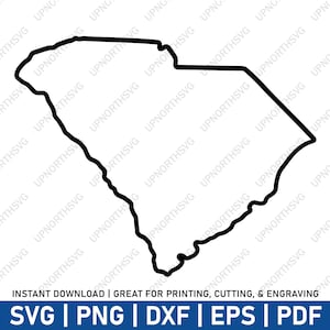 May include: A black and white outline of the state of South Carolina. The outline is a simple line drawing of the state's shape.