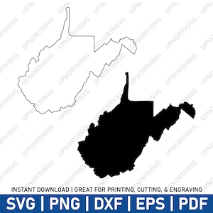 May include: A black and white outline of the state of West Virginia. The outline is filled in black on the right side of the image.