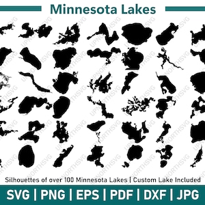 May include: Silhouettes of over 100 Minnesota lakes, including a custom lake design. The image is black and white and features a variety of lake shapes.