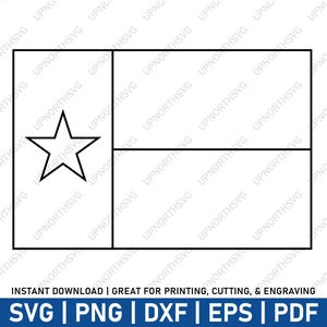 May include: A black and white outline of the Texas state flag. The flag features a single white star in the blue upper left corner and two horizontal red stripes.