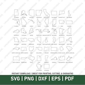 Simple State Outlines 50 Individual Shapes | United States of America Map | Perfect for cutting, engraving or print | svg, pdf, ai, eps, png