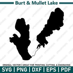 May include: Black and white silhouette of Burt & Mullet Lake. The lake is shaped like a large, irregular 'C' with a smaller, connected 'U' shape.