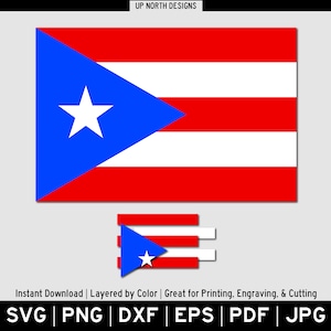 May include: A digital file of the flag of Puerto Rico. The flag is red, white, and blue with a blue triangle in the upper left corner containing a white five-pointed star. The flag is layered by color for easy editing and printing.