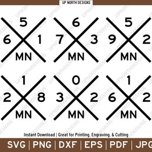 Op de afbeelding: Zes zwart-witte grafische ontwerpen met nummers en het woord "MN" in het midden van elk ontwerp. De nummers zijn 1, 2, 3, 5, 6, 7, 8, 9 en 0. Direct downloaden | Ideaal voor printen, graveren en snijden SVG | PNG | DXF | EPS | PDF | JPG