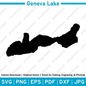 May include: Black and white silhouette of Geneva Lake, a large body of water in Switzerland. The lake is shaped like a crescent moon with a small island in the middle. The image is suitable for cutting, engraving, and printing.