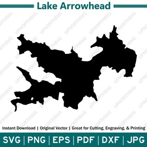 Puede incluir: Silueta en blanco y negro del lago Arrowhead, un gran lago con una forma única. El lago está rodeado de tierra y tiene varias ensenadas y calas. La imagen es una descarga digital para cortar, grabar e imprimir.