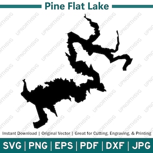 Könnte beinhalten: Schwarze und weiße Silhouette des Pine Flat Lake. Der See ist ein großes Gewässer mit einer gewundenen Uferlinie.