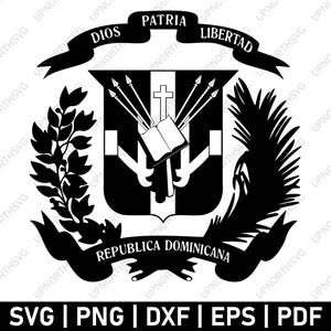 May include: A black and white graphic of the Dominican Republic's coat of arms. The design includes a shield with a cross, book, and arrows, with the words "Dios Patria Libertad" and "Republica Dominicana".